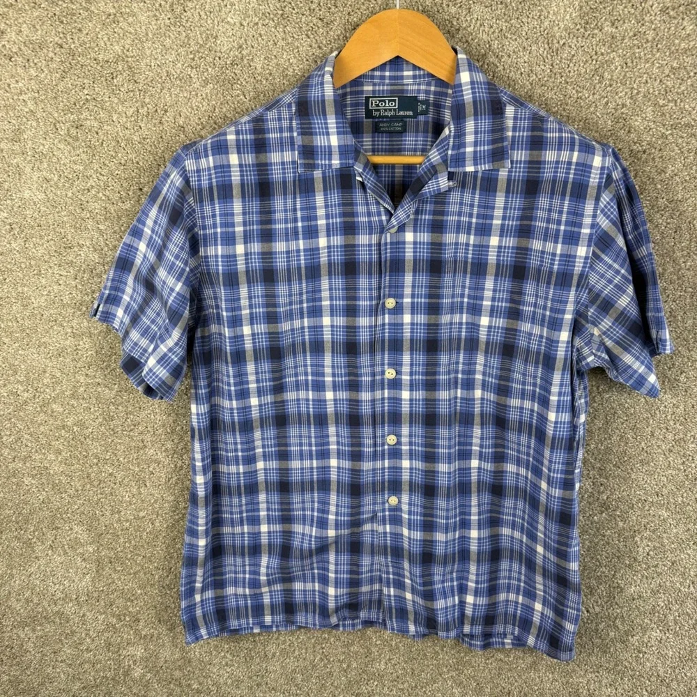 Polo Ralph Lauren Andy Camp Mens Medium Blue Plaid Cotton Short Sleeve Shirt